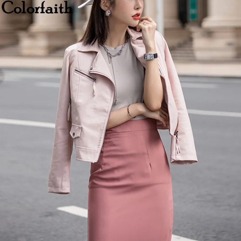 Женская кожаная куртка Colorfaith черная верхняя одежда из искусственной кожи в