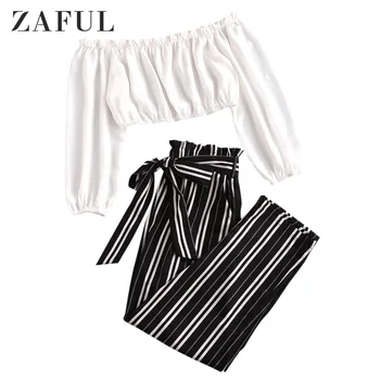 

ZAFUL Office Ladies Contrast Off Shoulder Top And Stripes Paperbag Pants Set Long Sleeves High Waisted Pockets Two Piece Set