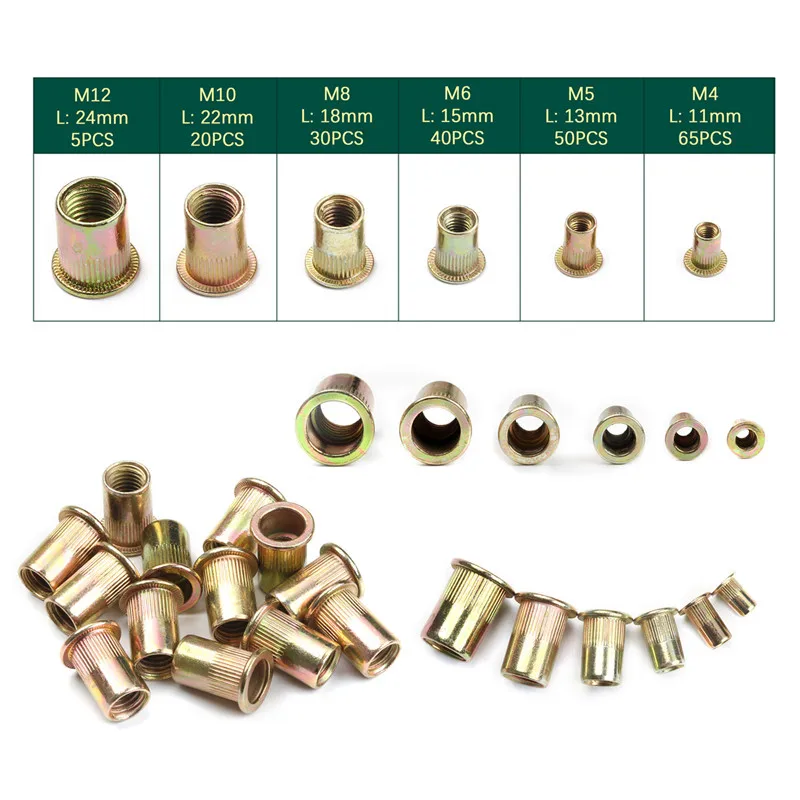 

165/210PC Zinc Plated Knurled Nuts Rivnut Flat Head Threaded Rivet Insert Nutsert Cap Rivet Nut Assortment Kit M3-M12