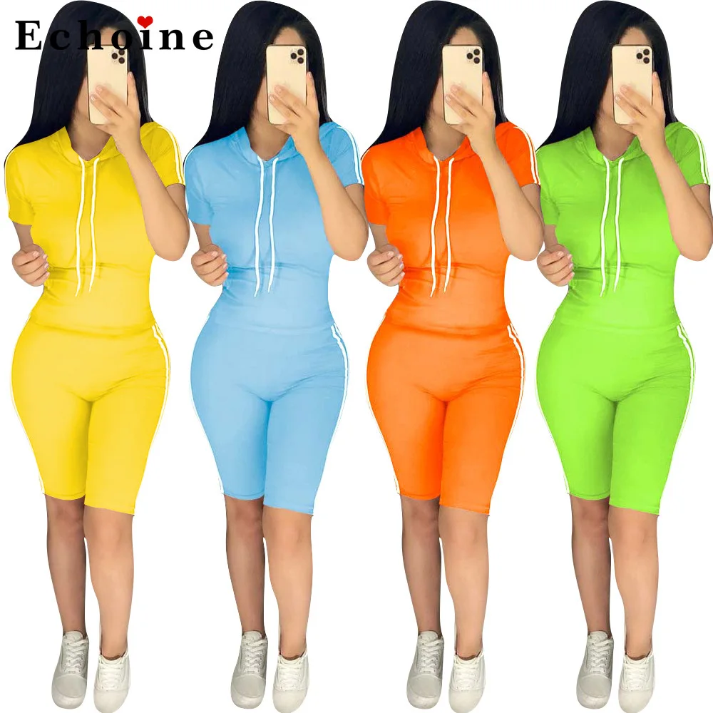 

Summer Hot Solid Color Hoodie Two-Piece Set Women Shorts Suits Casual Lounge Wear Tops Leggings Fitness Active Tracksuit Sports
