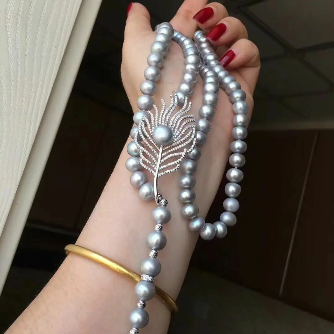

natural Elegant 9-10 mm natural round south sea Gray pearl necklace CZ zircon Pendant