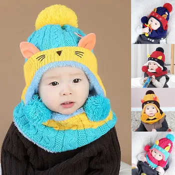 

Baby Hats 2Pcs Toddler Baby Girls Boys Cartoon Winter Warm Knitted Cap+Scarf Set Newborn Photography Props bonnet enfant