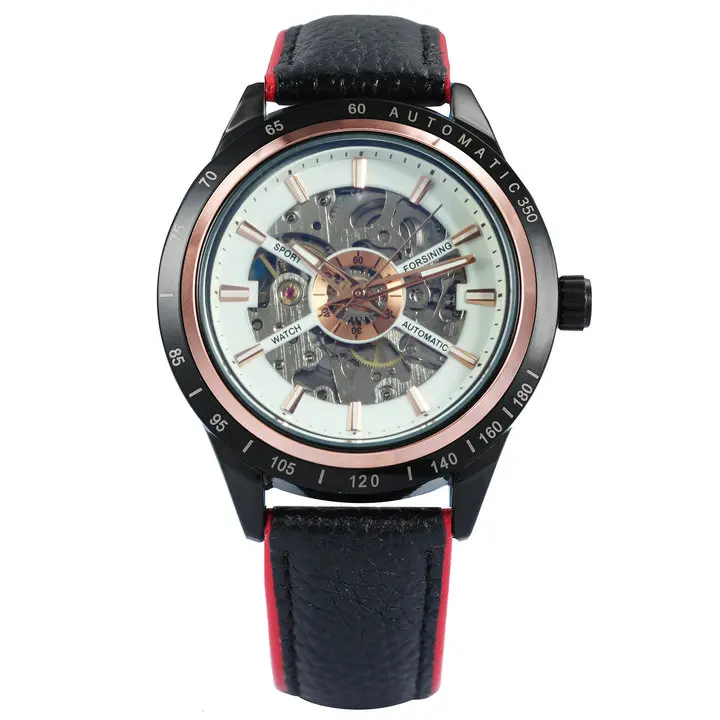 FORSINING автоматические часы мужские топ брендовые роскошные механические часы с скелетом Мужские красные черные кожаный ремешок контрастного цвета дизайн - Цвет: WHITE RED