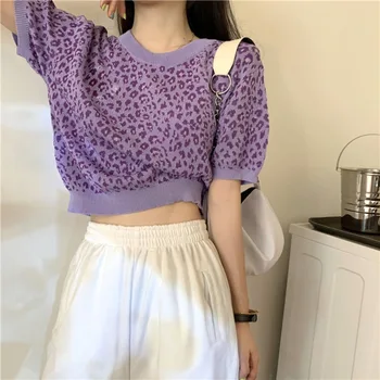 

Leopard Crop Tops Short Sleeve Knitted T Shirts Korean Harajuku Shirt Causal Tee High Waisted T Shirt Femme Cotton Polyester