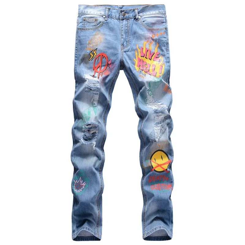 Pantalones vaqueros de algodón para hombre, Jeans con 3d de pintura pintada a mano, rasgados, rectos y pequeños, ropa de calle, Hip Hop con agujeros - AliExpress Ropa de hombre