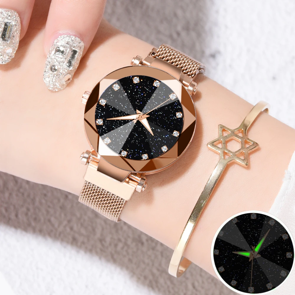 Роскошные женские часы, женские магнитные часы звездного неба, модные женские кварцевые наручные часы с бриллиантами, relogio feminino zegarek damski - Цвет: Розовый