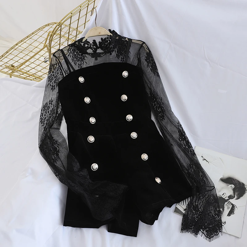 

Gagarich Women Sweet 2 Piece Set Lady Solid Stand Collar Lace Blouses Strapless Double-breasted Jumpsuit Spring Femme Slim Suit