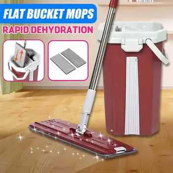 

Magic Cleaning Flat Backet Mops 360 Degree Rotation and High Capacity Bucket Preventing Splash Back With 2 Microfiber Pads