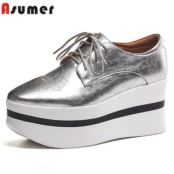 

ASUMER 2020 quality patent leather women pumps square toe lace up single shoes comfortable fashion wedges platform shoes woman