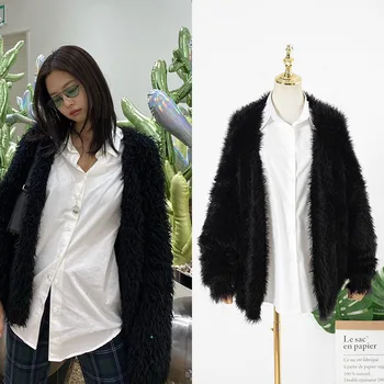 

kpop Korean Celebrity fashion black Plush knit jacket coat white shirts tops+retro plaid straight Wide leg pants women outfits