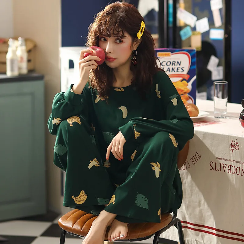

B2202 # Green Leaf Banana Pullover MZ Long Sleeve Sweet Pajamas Homewear Set Series