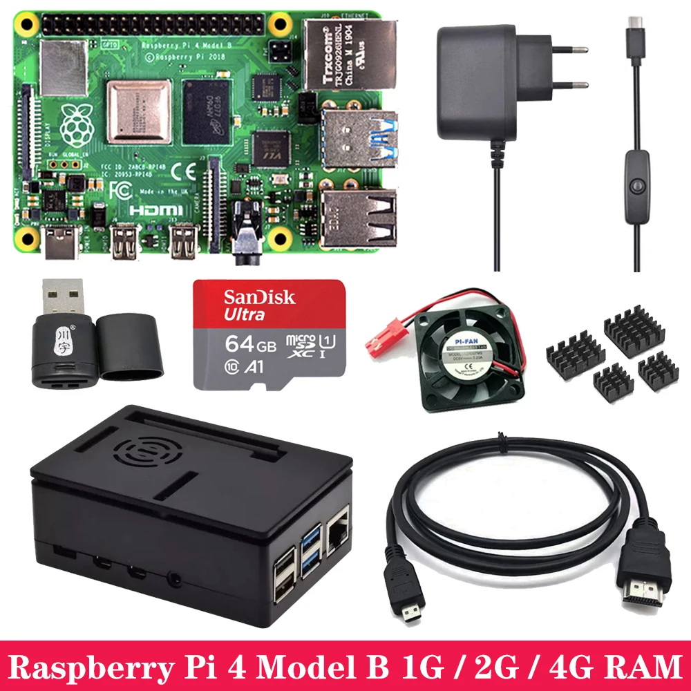  Raspberry Pi 4 Board 1GB/2GB/4GB RAM with Case Power Adapter Heat Sink Micro HDMI Cable for Raspber