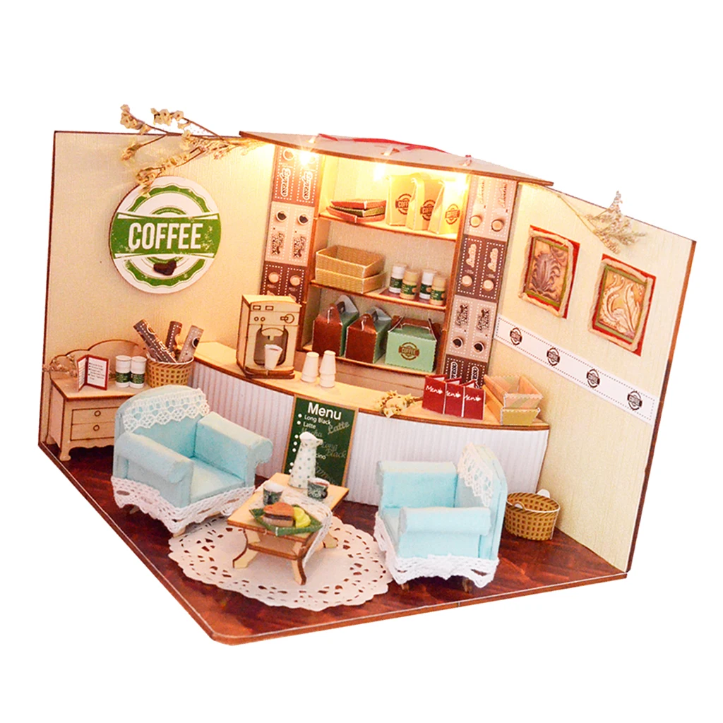 1/24 DIY Miniature Doll House Wooden Simple Coffee Shop with Furniture, LED Light
