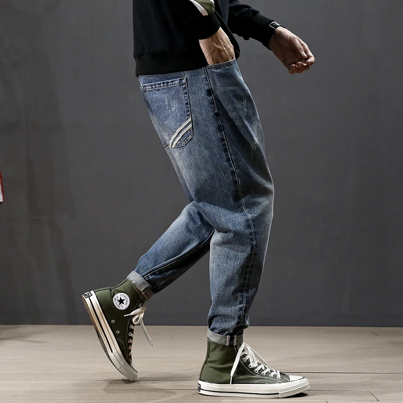 

Korean Style Fashion Men Jeans Retro Blue Loose Fit Harem Pants Ripped Jeans Homme Stripe Designer Streetwear Hip Hop Jeans Men