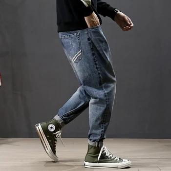 

Korean Style Fashion Men Jeans Retro Blue Loose Fit Harem Pants Ripped Jeans Homme Stripe Designer Streetwear Hip Hop Jeans Men