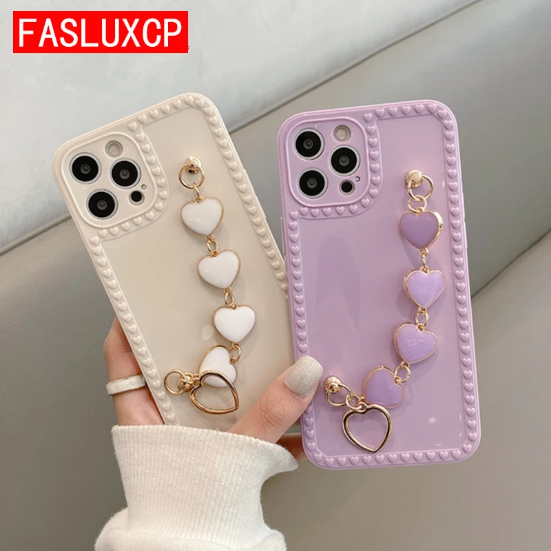 Korea 3D Love Heart Metal Bracelet Wrist Chain Soft Phone Case for iPhone 12 13 Pro Max MiNi 11 XR X XS 7 8 Plus 6 SE 2020 Cover case for iphone 13 pro max