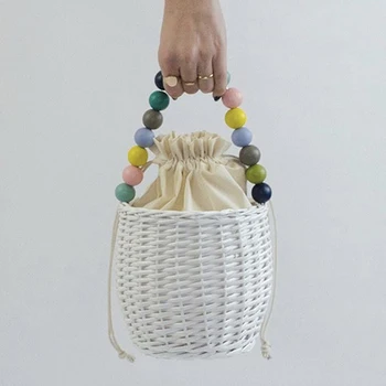 

Fashion beaded portable woven straw bag rattan pearl small fresh beach bucket bag ins tide style vegetable basket handbag
