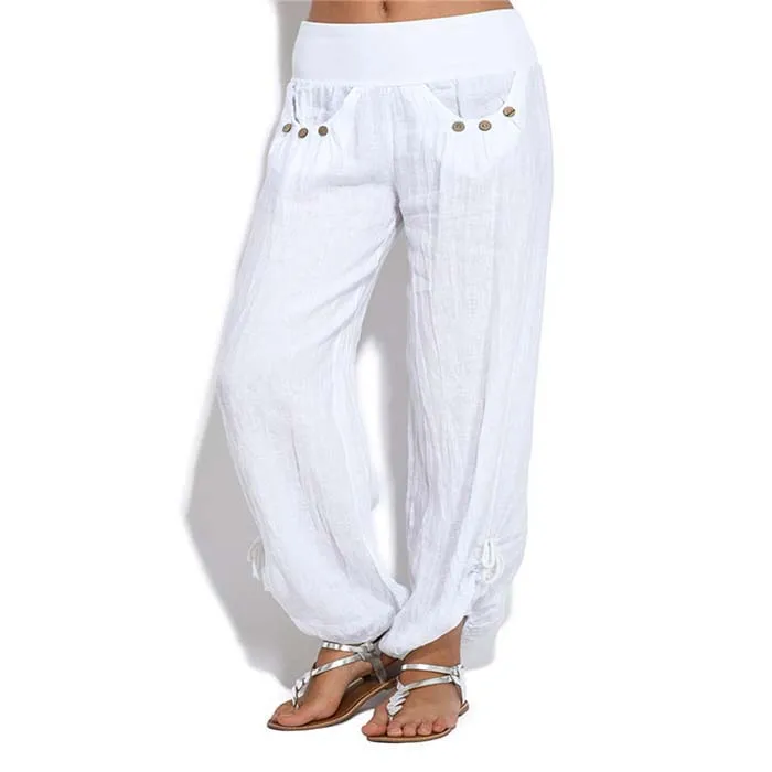 Женская одежда свободные пуговицы брюки прямой низ свободные однотонные брюки кэжуал цвет женские брюки одежда - Цвет: white