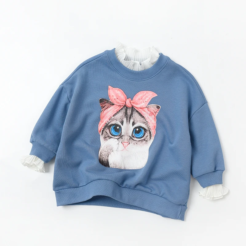 

2019 New Autumn Winter Fashion Baby Kids Lace Patchwork Tops Long Sleeve Soft Sweatershirt Kids Cute Cat Coat LZ095