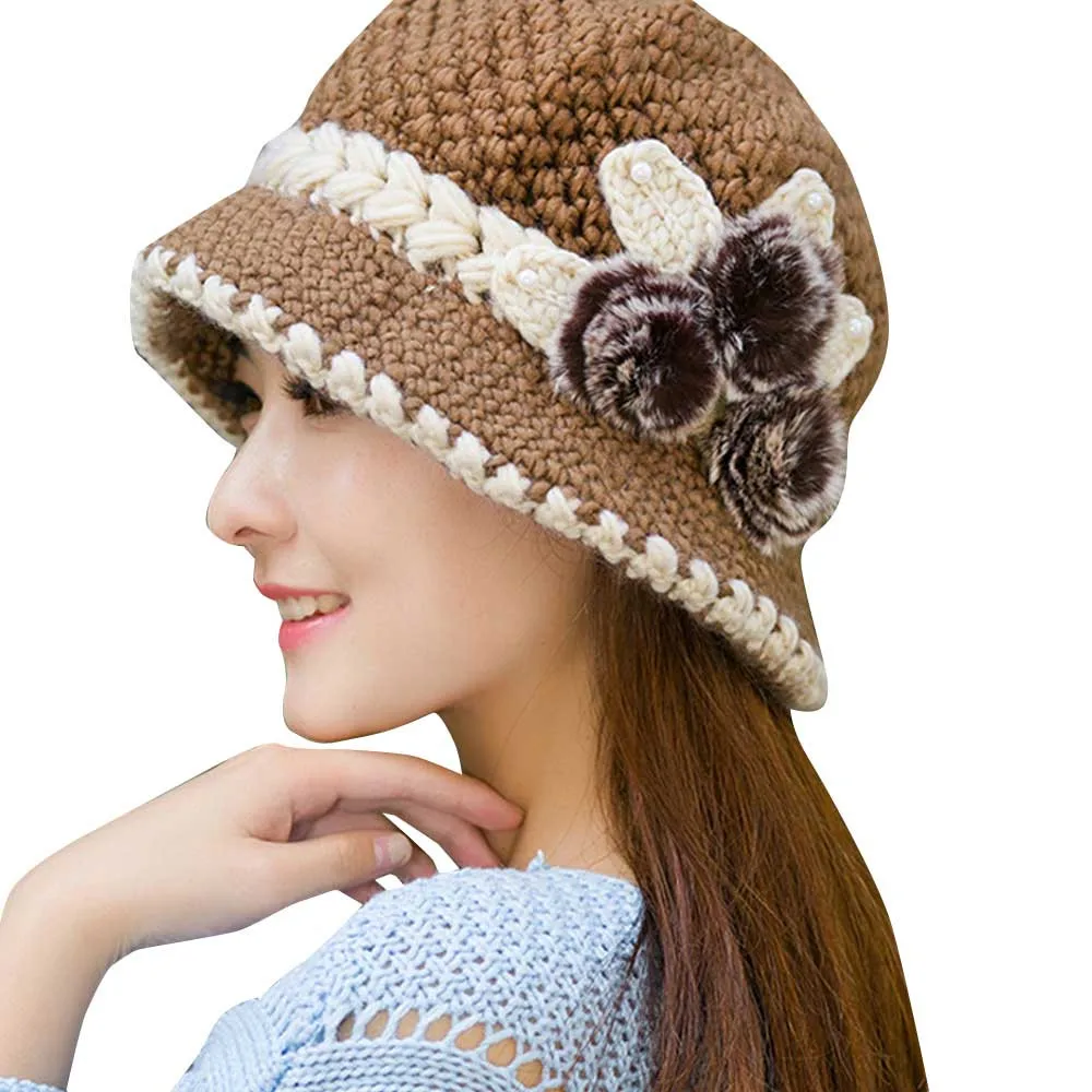 Модная женская шерстяная шапка-ушанка женский осенне-зимний теплый вязанный вязаный украшенные цветами вязаные уши головные уборы invierno# pingyou