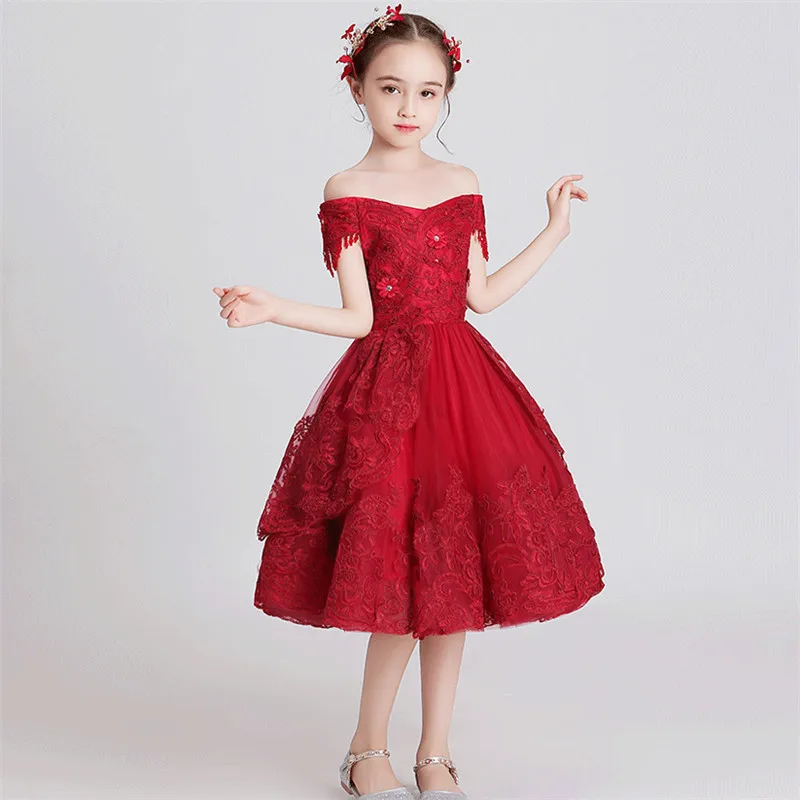 winered short dress Модельное шоу представление подиума детей хост фортепиано элегантное без Плеч воротник длинный хвост платье девушки день рождения вечернее платье - Цвет: winered short dress