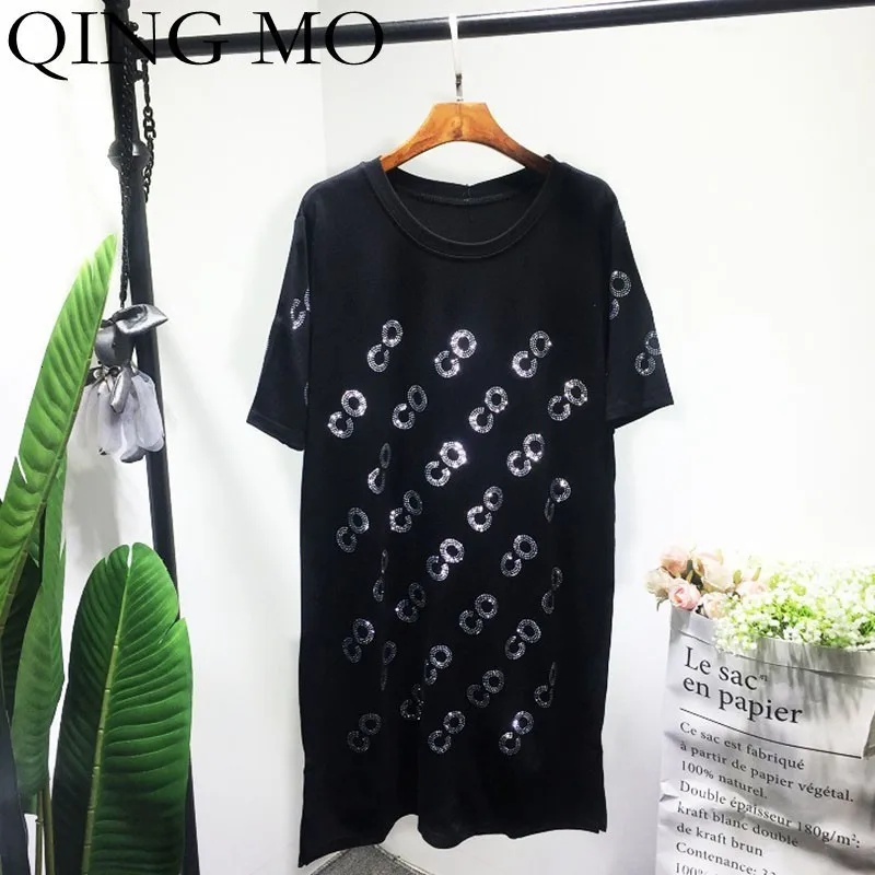 Black QING MO, женское платье с буквенным принтом, футболка, платье, черное платье с коротким рукавом, летняя свободная футболка с разрезом, ZLDM039 - Цвет: Black