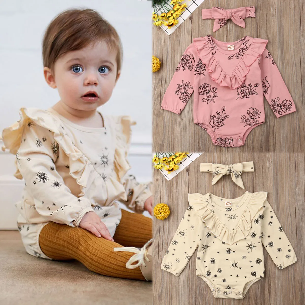 Brand New Newborn Baby Kid Girl Cotton Ruffles Long Sleeve Jumpsuit Bodysuits Clothes Outfits Set Cute