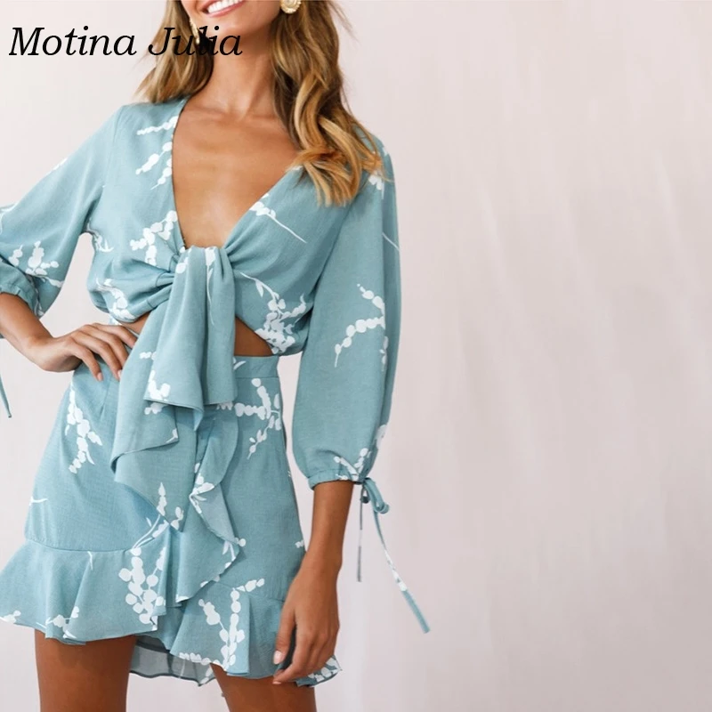 Motina Julia, новинка, весна-лето, платье с принтом, женское пляжное платье с бантом, бохо, Пляжное мини платье с оборками