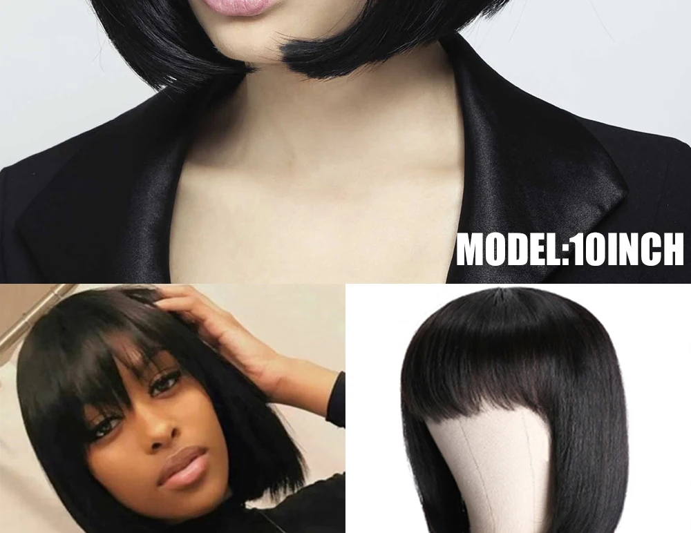 Perucas de Cabelo Brasileiro com Franja Peruca com Franja para as Mulheres Humano Reta Negras Remy Cabelo Completo Máquina Peruca Bang Curto Bob 100% 7 Apliques e perucas