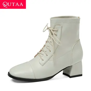 

QUTAA 2021 Square Heel Lace Up Ankle Boots PU Leather Autumn Winter Women Shoes Square Toe All Match Women Boots Big Size 34-43