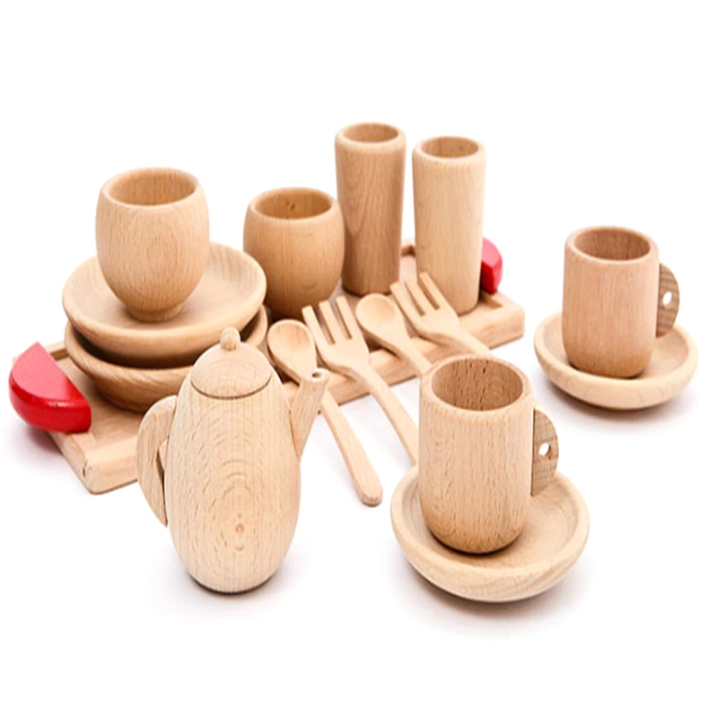 16 шт./компл. детский игрушечный чайный набор деревянные ролевые игры чайный чайник блюдца ложка модель развивающая игрушка