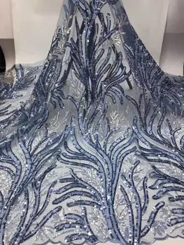 

Beaded Lace Fabric for Dresses Latest Nigerian French Tulle Lace with Sequin High Quality African Sequins Lace Fabric Sky blue