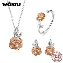 WOSTU реальные 925 пробы серебро, розовый цветочный Ювелирный Комплект Цепочки и ожерелья серьги и кольцо на палец для Для женщин Серебряные ювелирные изделия подарок 3 шт./компл