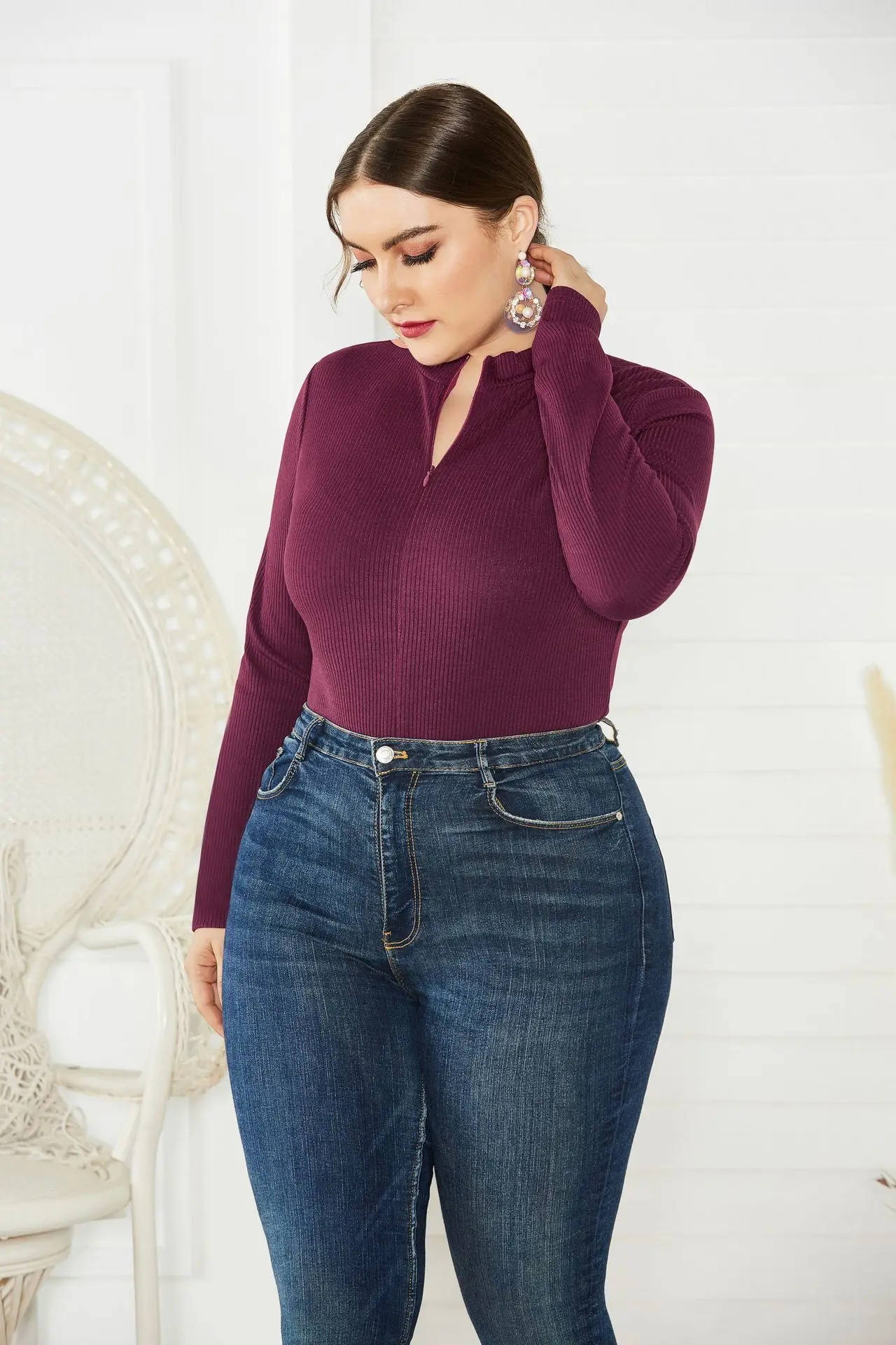 Ribbed Knitted Long Sleeve Sexy Bodysuit Women Zipper Stand Collar Plus Size Woman Clothes Autumn Winter Black