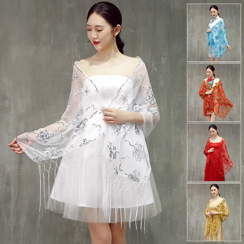 

Mingli Tengda Red Lace Shawl Bride Embroidery Paillette Tassel Blue Gold Cape Bolero Cloak Shrug Coprispalle Wedding accessories