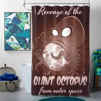 

Blue Shower Curtains for Bathroom Octopus,Retro Old Poster Print of Cartoon Monster Alien Octopus with Tentacles Attacking