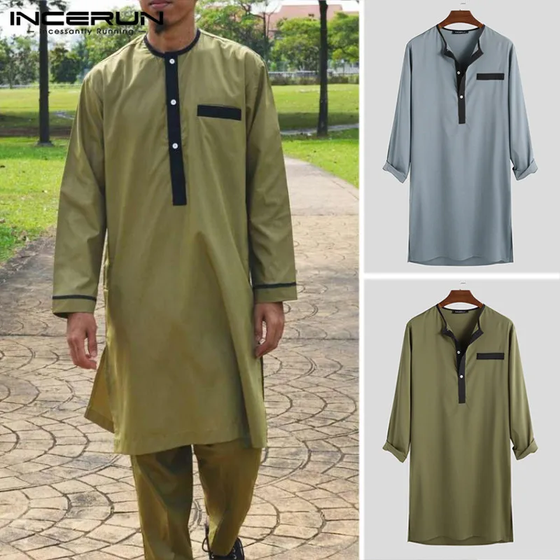 

INCERUN Men Muslim Kaftan Robes Long Sleeve Button Patchwork Dubai Saudi Arabia Jubba Thobe Islamic Caftan Thobe Men 2019 S-5XL