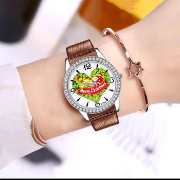 

Women Watches Christmas Gift Printed Dial Belt Inlaid With Diamond Digital Scale Watch Holiday Simple Ladies Watch Montre Femme