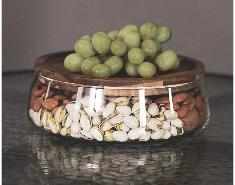 Transparent Glass Stylish Borosilicate Fruit Bowl With Real Bamboo Top - 7.9Inch