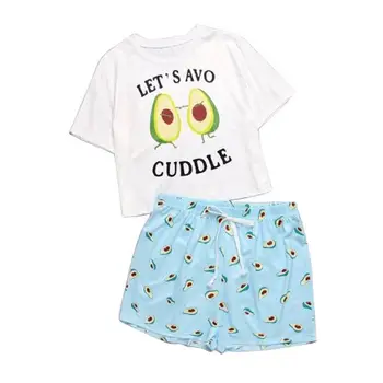 

Cute Cartoon Pajamas Set for Woman Femme Sleepwear Summer O-neck Avocado Homewear Short Sleeve Two-Piece Lounge Pajama Sets