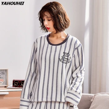 

Casual Striped Thick Warm Flannel Pajama Sets For Women Winter Long Sleeve Coral Velvet Pyjama Loungewear Sleepwear Pijama Mujer