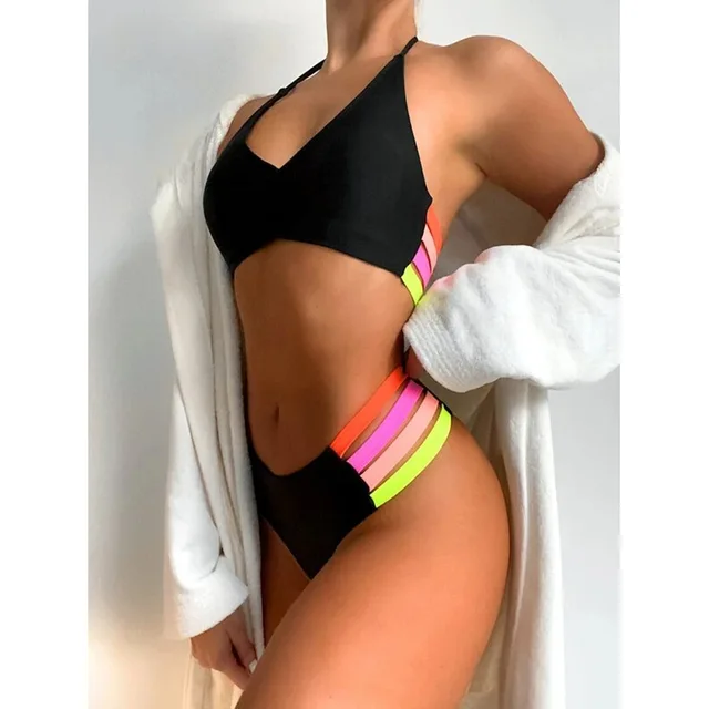 Sexy High Waist Bikini 2021 Women Neon Green Striped Sport Swimsuit Brazilian Bathing Suit Push Up