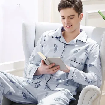 

New 2020 Autumn Men's Pajamas Sets 100% Cotton Pyjamas Home Wear Long Sleeve sleepwear 2 piece /set Plus Size M-5XL Pajama
