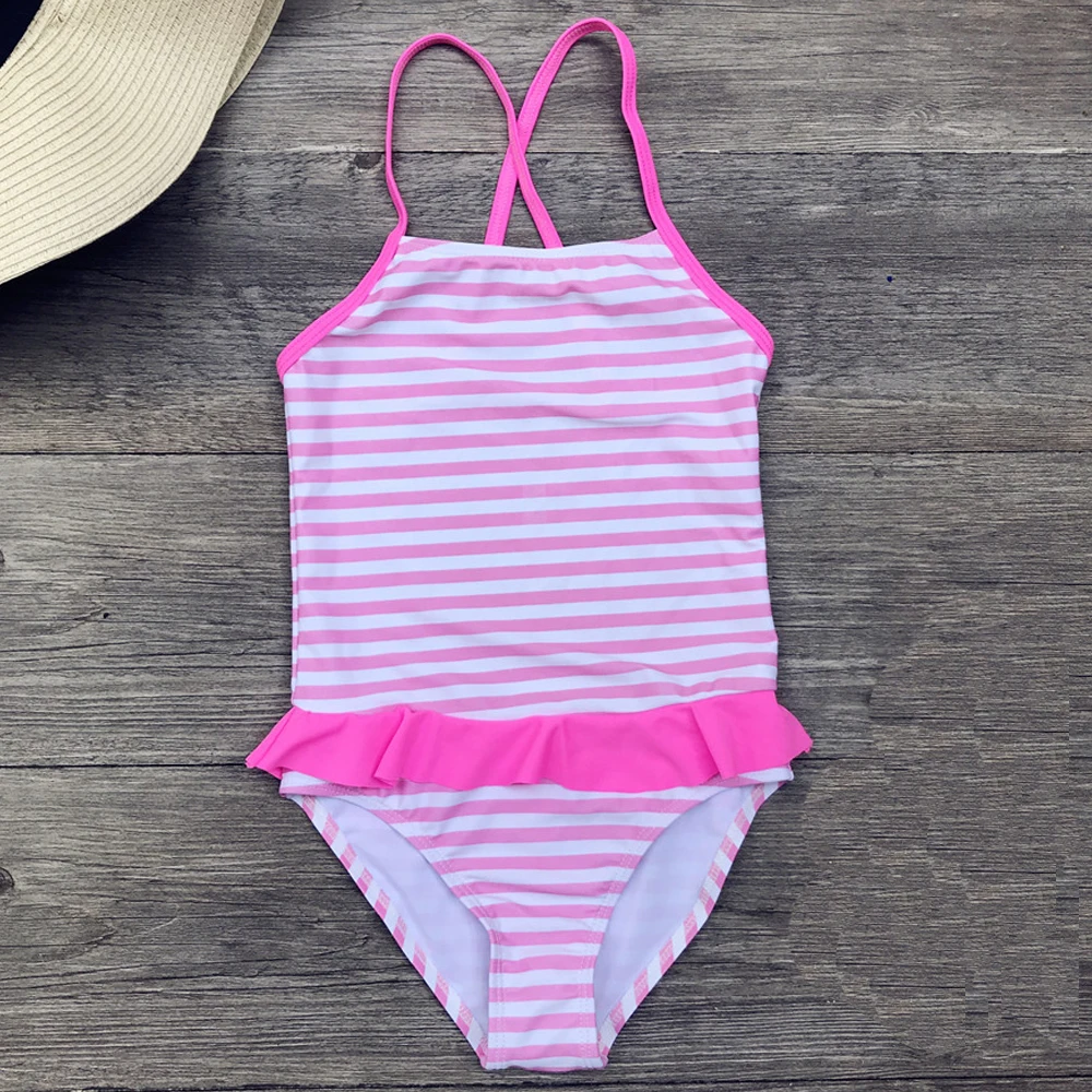 Tanie Letnie stroje kąpielowe dla dziewczyn różowe paski dziewczęce jednoczęściowe stroje