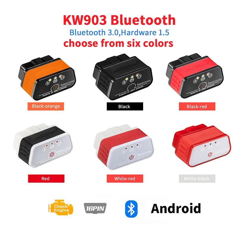 

ELM327 Car Diagnostic Scanner KW902 Bluetooth 3.0 OBDII for Computer Tablets Smart Phone Code Readers Scan Tools ABS Plastic