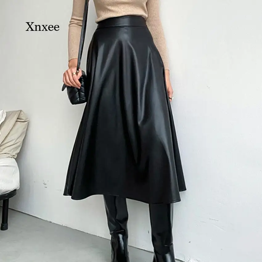 

Pu Leather A Line Midi Skirts Autumn Women Elegant Ol High Waist Party Skirt Fashion Office Lady Solid Street Wear Bottoms
