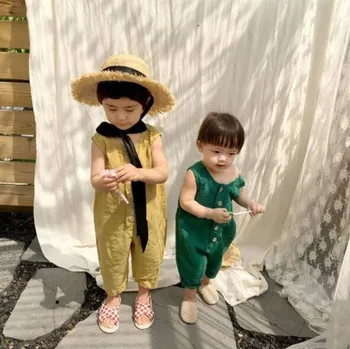 

2020 Infants Summer New Boys and Girls Baby Cotton and Linen Button Causal Solid Color Sleeveless Overalls Neutral Kids Pants