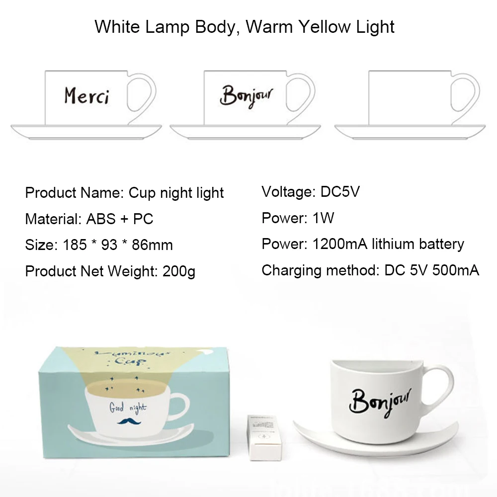 Xícara de Chá Lâmpada de Parede para Crianças Luz da Noite Branco Novidade Controle Copo Café Parede Usb Sensor Som Bebê Menina Bedroo Led Luz 12 parede usb sensor som lâmpada de parede