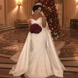 Элегантное вышитое бисером кружевное свадебное платье es со съемным шлейфом с открытыми плечами Русалка Свадебные платья Аппликация цвета