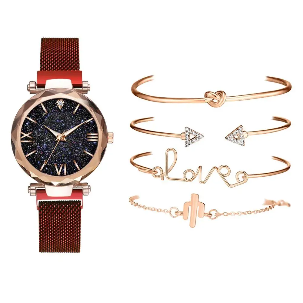 Red 5pcs Set 5pcs Set Luxury Women Watches Magnetic Starry Sky Female Clock Quartz Wristwatch Fashion Ladies Wrist Watch relogio feminino - Цвет: Red 5pcs Set